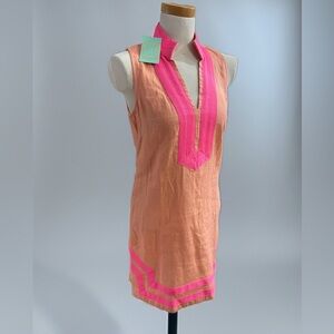 NWT Sail to Sable Peach 100% Linen Shift with Hot Pink Trim Vacation Summer S